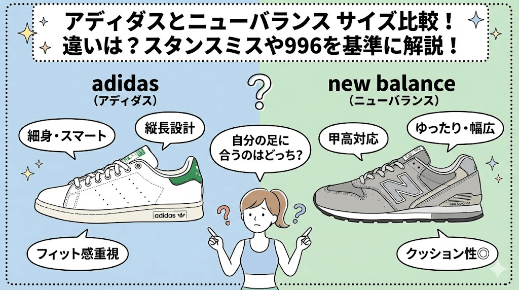アディダスとニューバランスサイズ比較！違いは？スタンスミスや996を基準に解説！