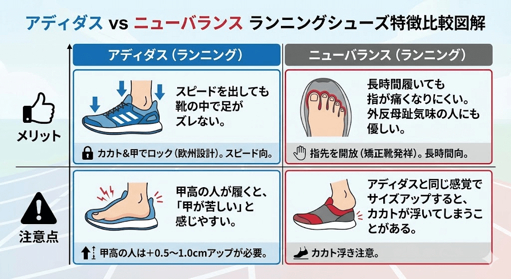 アディダス vs ニューバランス ランニングシューズ特徴比較表