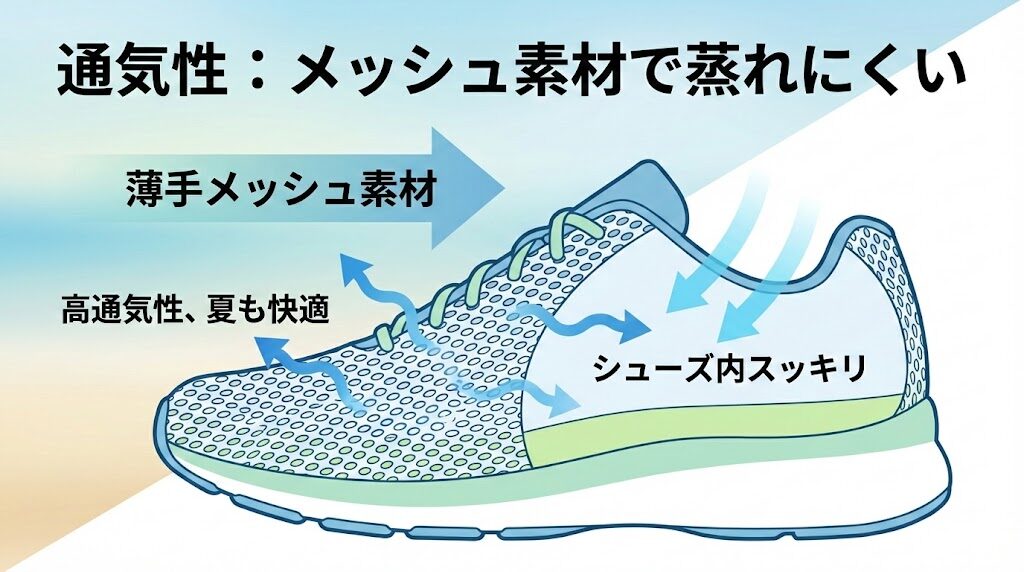 通気性:メッシュ素材で蒸れにくい