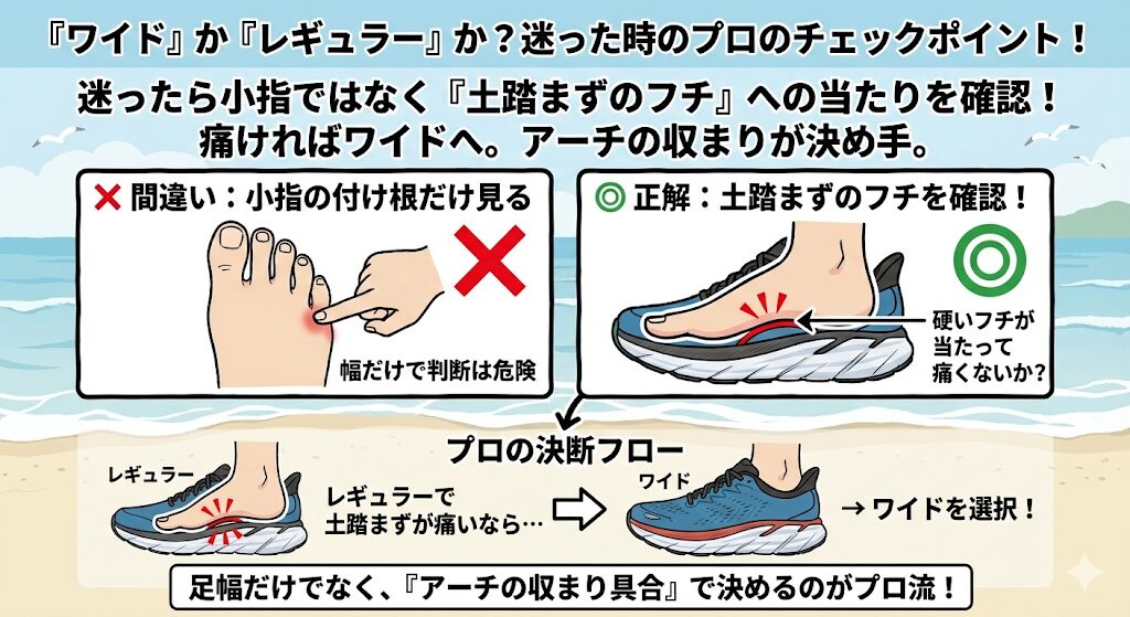 ワイドかレギュラーか迷ったときに見るべきは、小指の付け根ではありません。