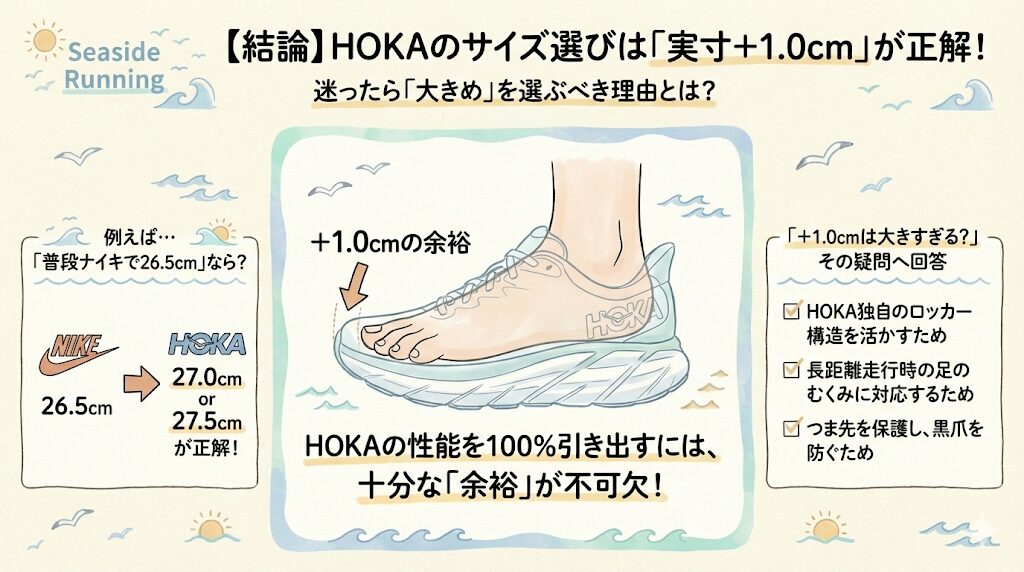 【結論】ホカオネオネのサイズ選びは「実寸＋1.0cm」が正解（迷ったら大きめを選ぶべき理由）