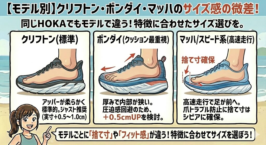 【モデル別】クリフトン・ボンダイ・マッハのサイズ感の微差