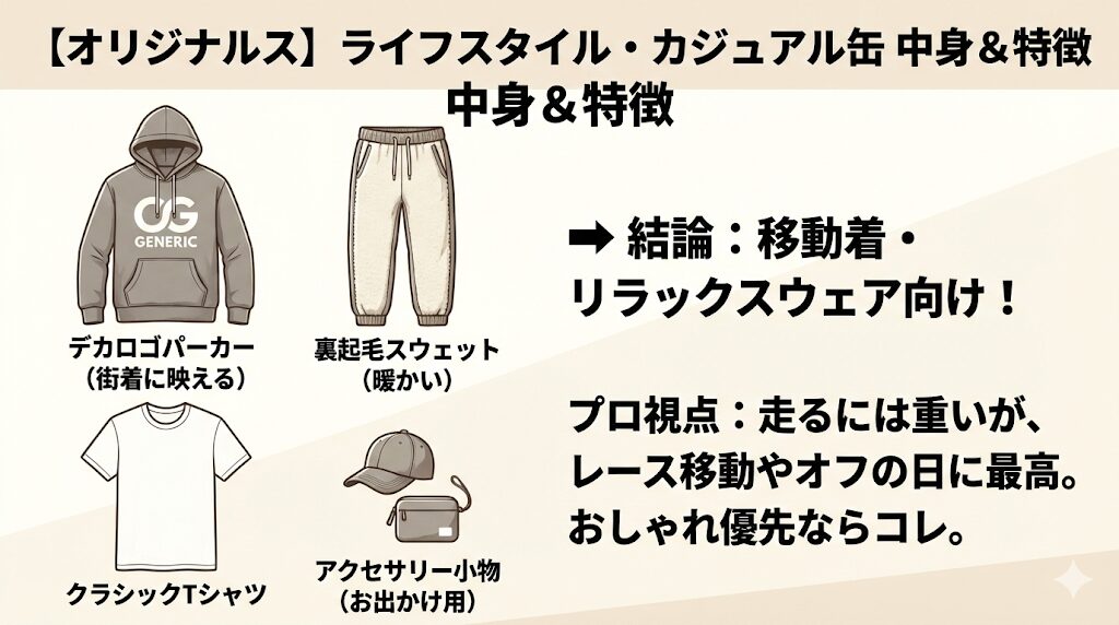  【オリジナルス】ライフスタイル・カジュアル缶の中身