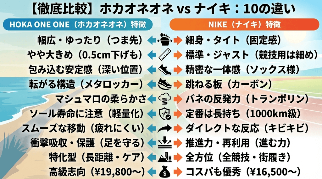 ホカオネオネとナイキの２大メーカーの特徴を10個項目で比較！