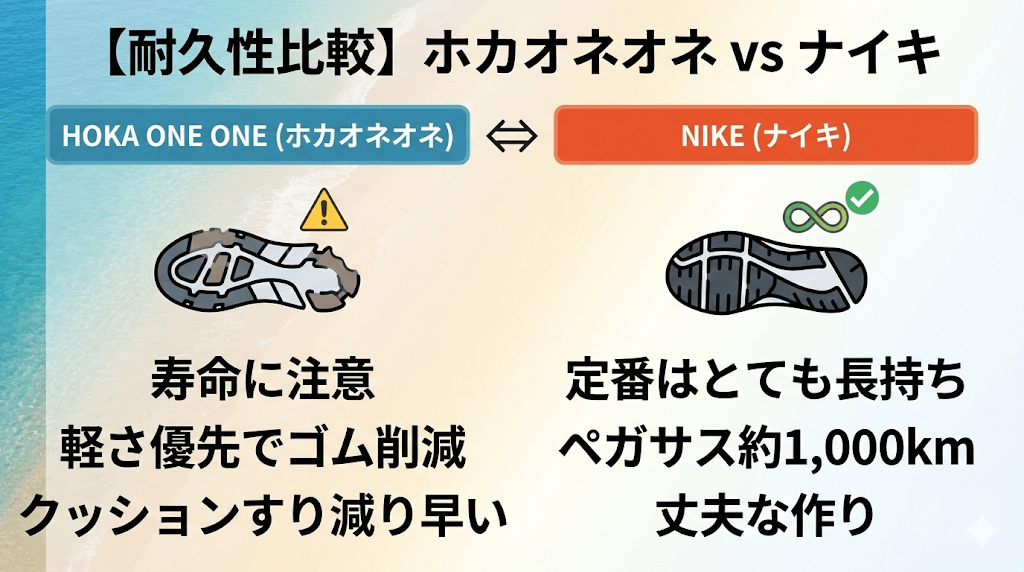 耐久性：ホカオネオネは寿命に注意、ナイキは定番がとても長持ち