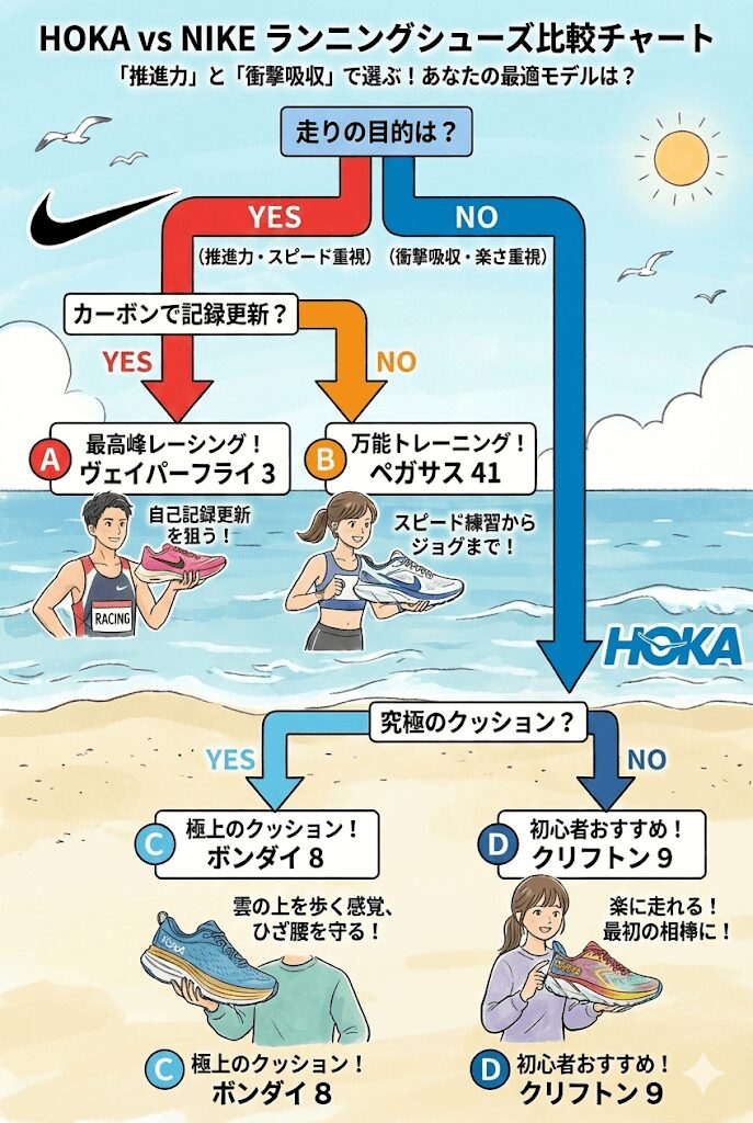 ホカオネオネとナイキランニングシューズ比較チャート