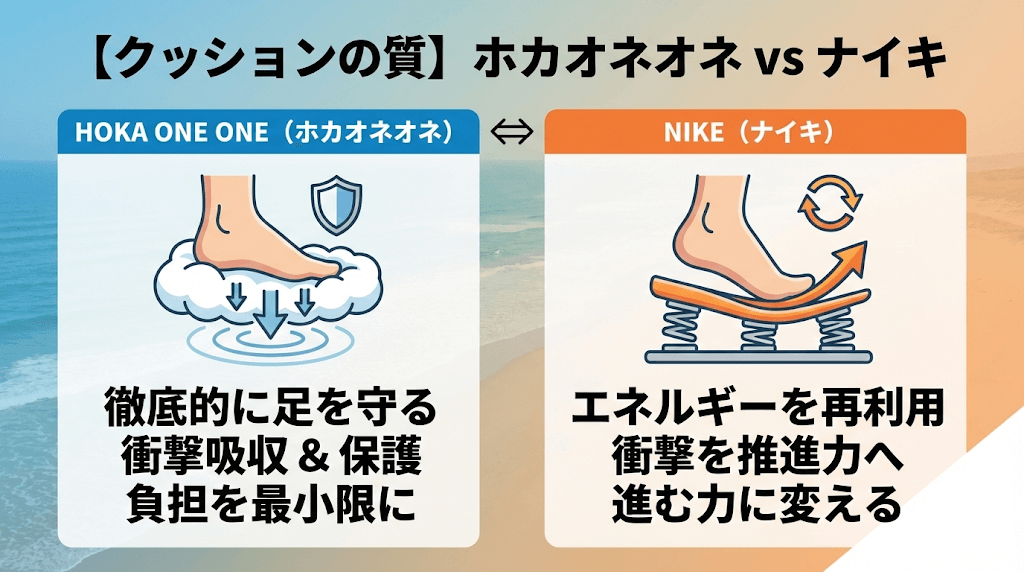 クッションの質：ホカオネオネは衝撃吸収、ナイキは進む力を重視