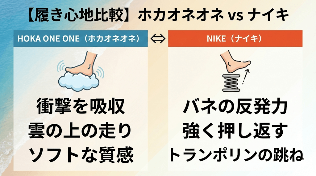 履き心地：ホカオネオネは柔らかさ、ナイキはバネの反発