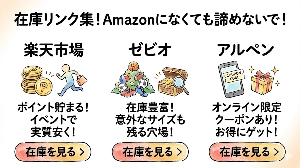 各ショップのリアルタイム在庫・販売ページへのリンク集（楽天・ゼビオ他）