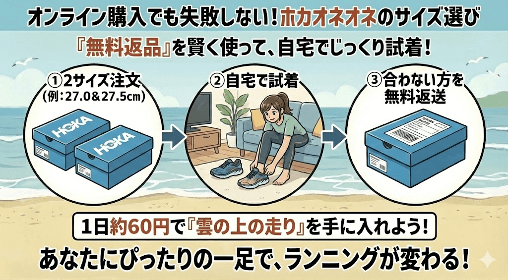 まとめ:オンラインで購入するなら「返品無料」を使い倒す！ぴったりなホカオネオネのサイズを選ぼう