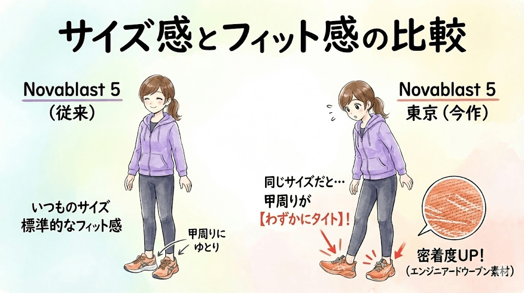 サイズ感とフィット感:Novablast 5と同じサイズだと甲周りがわずかにタイト