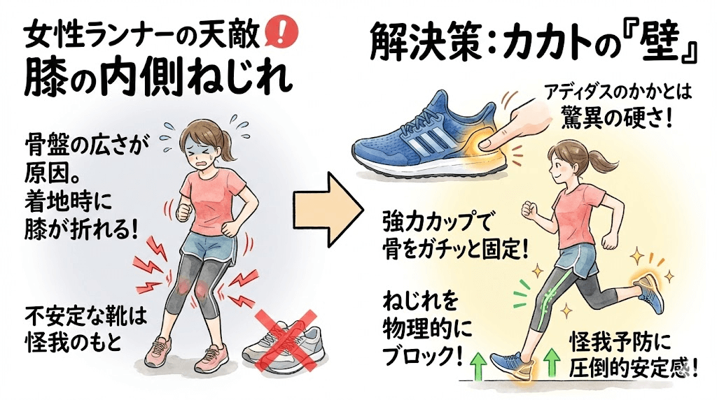 強力な「かかとを包むカップ」が、着地の瞬間に骨をガチッと固定