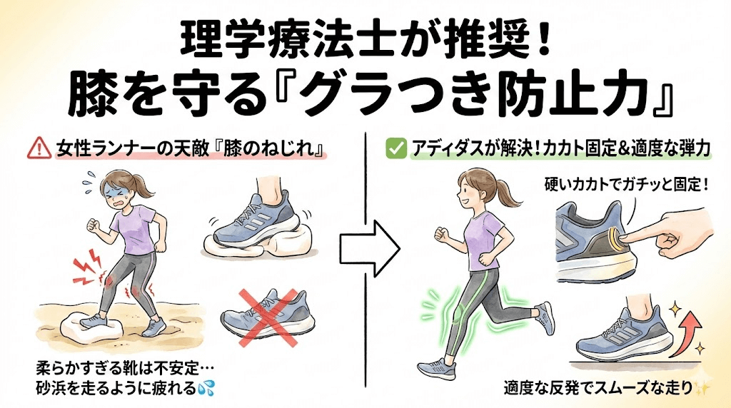 理学療法士の私がアディダスランニングシューズを推奨する理由:膝を守る「グラつき防止力」