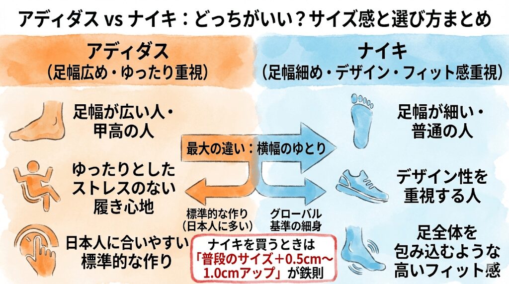 アディダスとナイキのスニーカーどっちがいい？サイズ感と選び方まとめ
