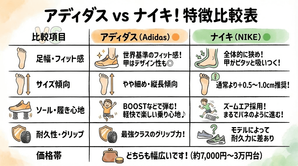 アディダスとナイキのスニーカースペック・特徴のちがいを比較