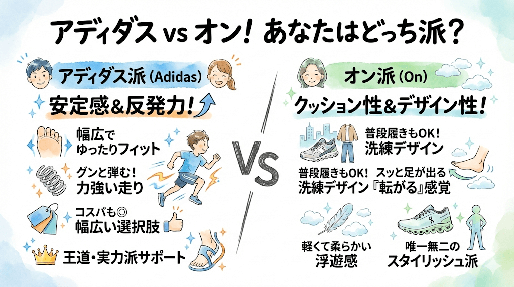 【結論】アディダスとオンを徹底比較！ あなたの足に合うのはどっち？