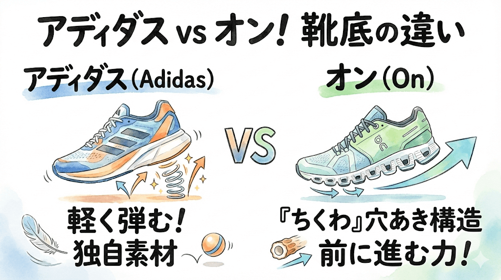 靴底：アディダスは弾み、オンは穴あき