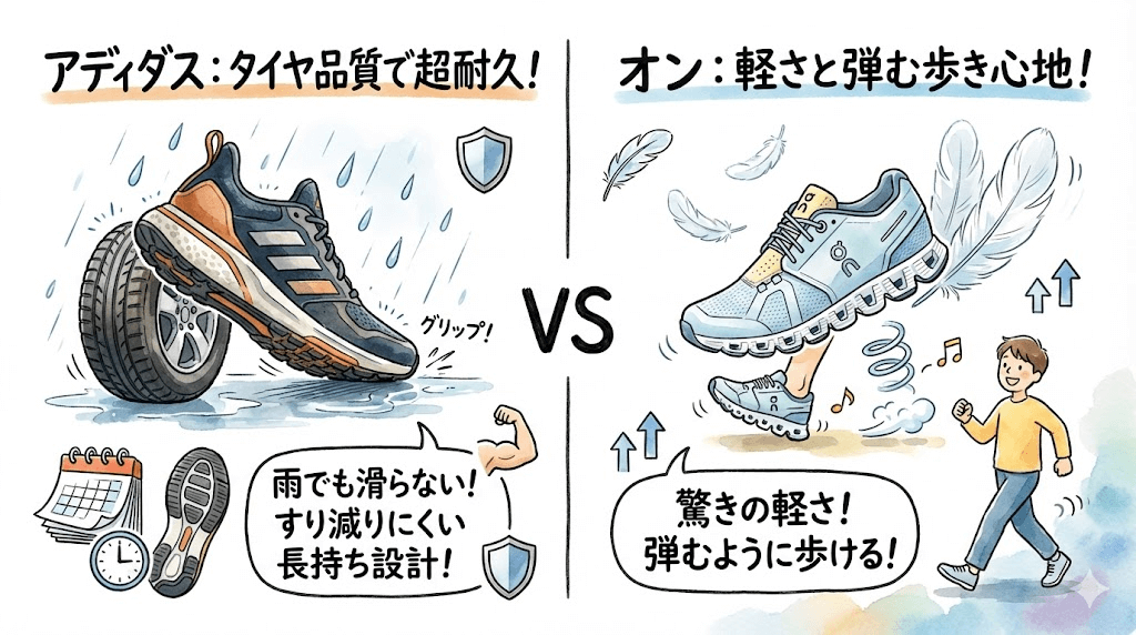 丈夫さ：アディダスはすべりにくく長持ち