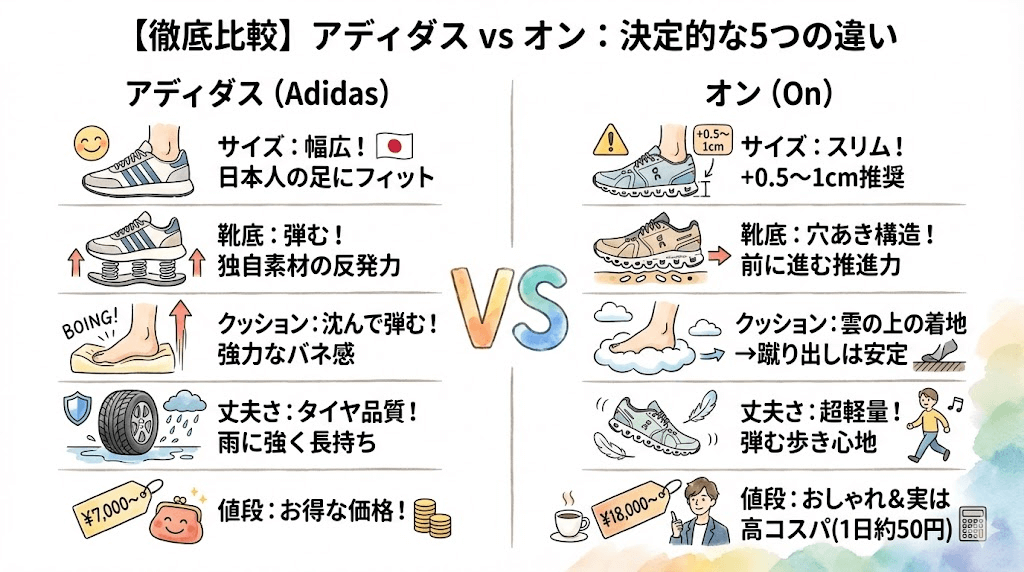 【基本スペック比較】アディダスとオンの決定的な5つの違いを解説