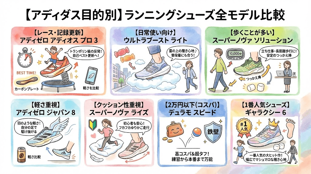 【アディダス目的別】ランニングシューズ全モデル比較（目的別）