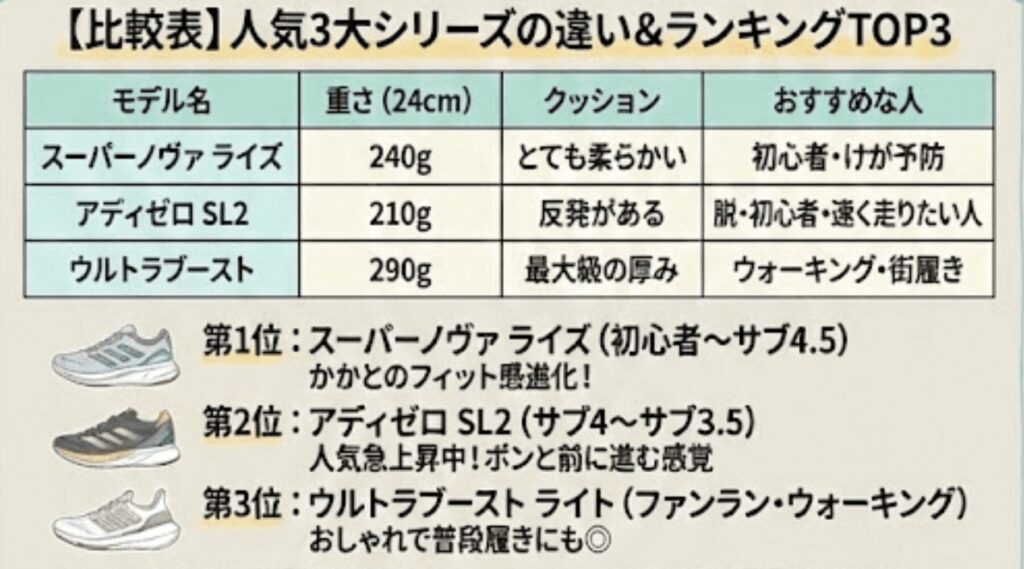 アディダスランニングシューズ人気レディースTOP3!