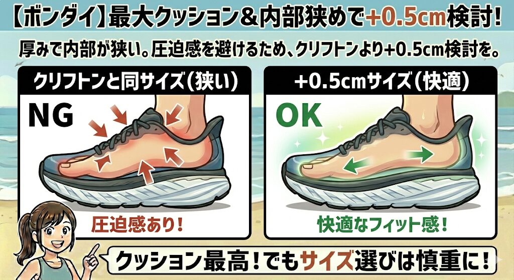 【ボンダイ】クッション最重視で厚みがある分、内部が狭く感じるのでハーフサイズUPを検討せよ