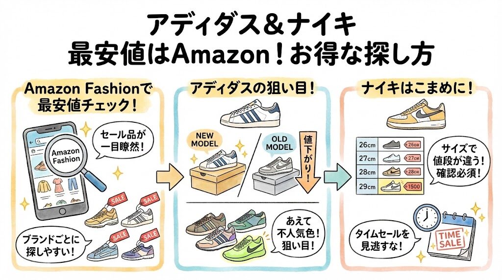 アディダスとナイキのスニーカー最安値はAmazon！お得な探し方