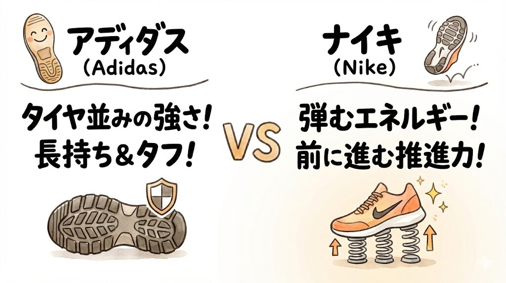 靴底(ソール):アディダスは長持ち、ナイキは弾む