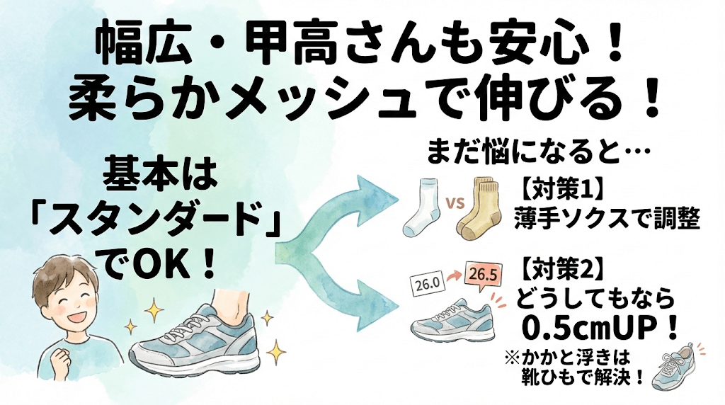 幅広・甲高でも大丈夫？ ウィズ（足囲）の展開とサイズアップの判断基準