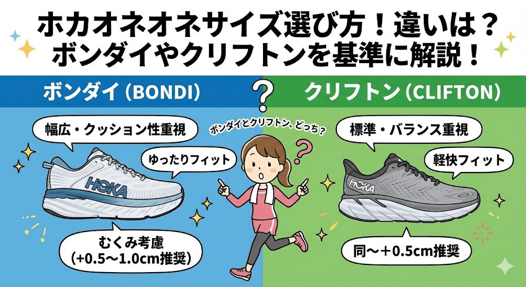 ホカオネオネのサイズ選び方！違いは？ボンダイやクリフトン基準に解説