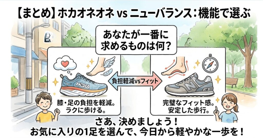 まとめ：ホカオネオネとニューバランスランニングシューズは機能で決めよう！