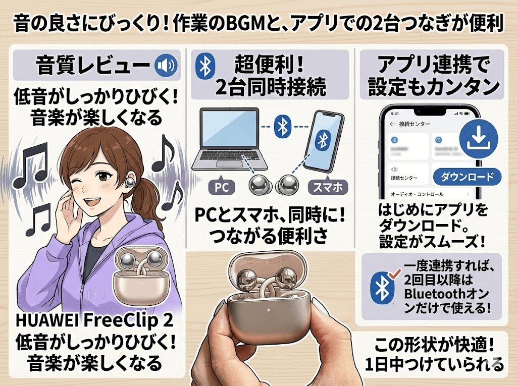 音の良さにびっくり！作業のBGMと、アプリでの2台つなぎが便利