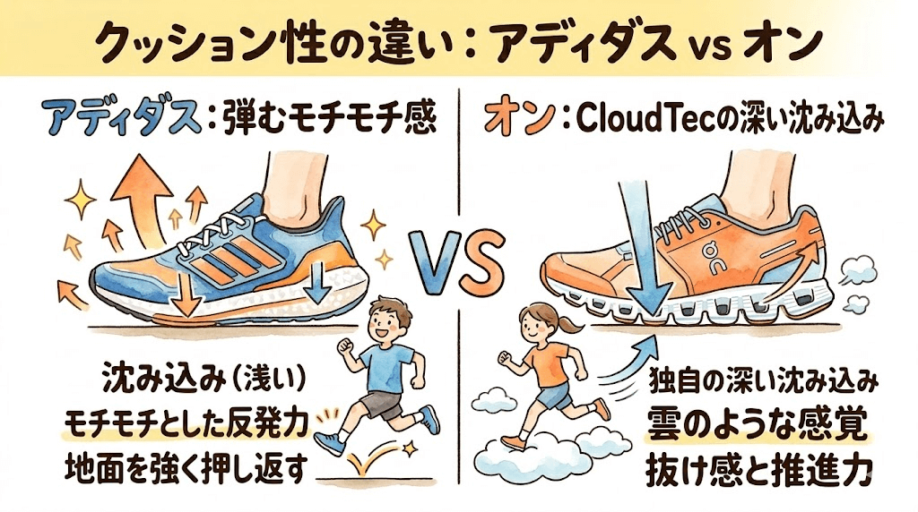 クッション性：弾むもちもち感 vs 独自の沈み込み