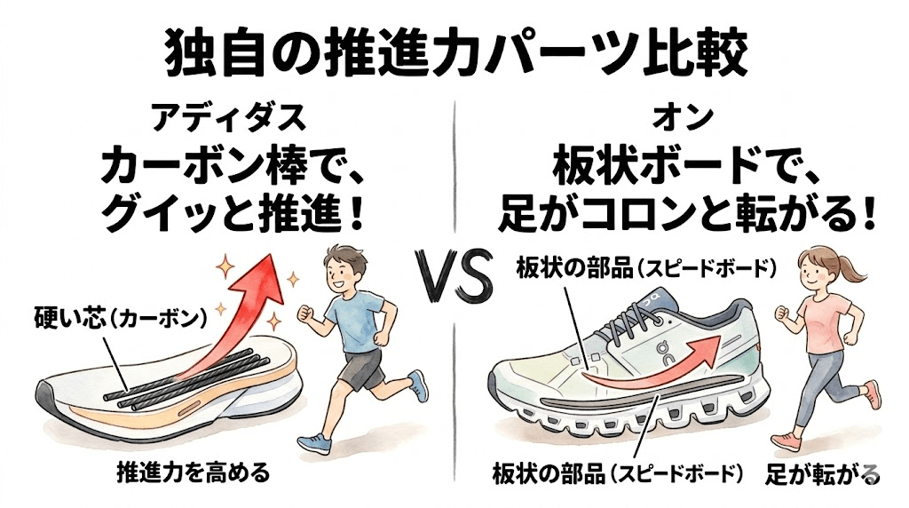 進む力：独自の棒状パーツ vs 板状パーツ