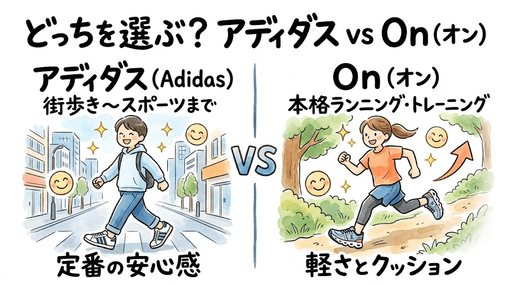 【デザイン・用途の比較】ライフスタイルや目的に合うのはどっち？アディダス vs オン