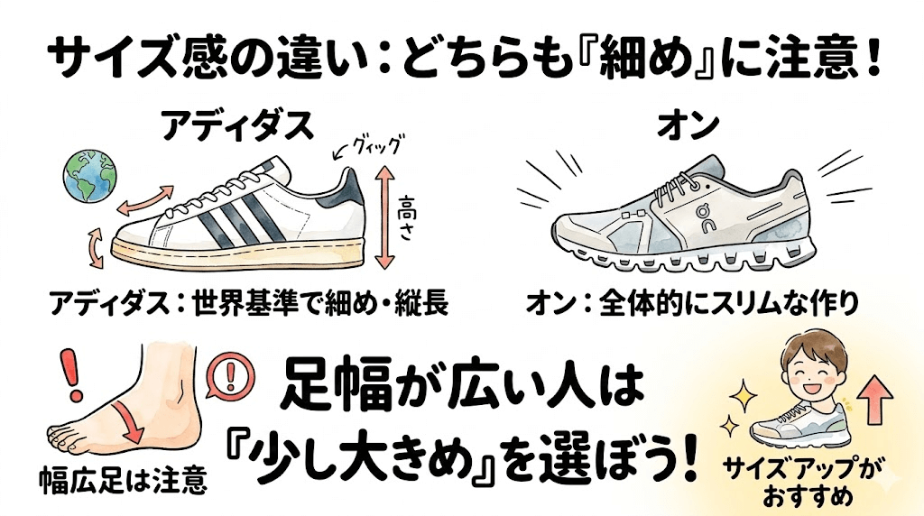 サイズ感の違い：アディダス・オンともに「細め」の傾向