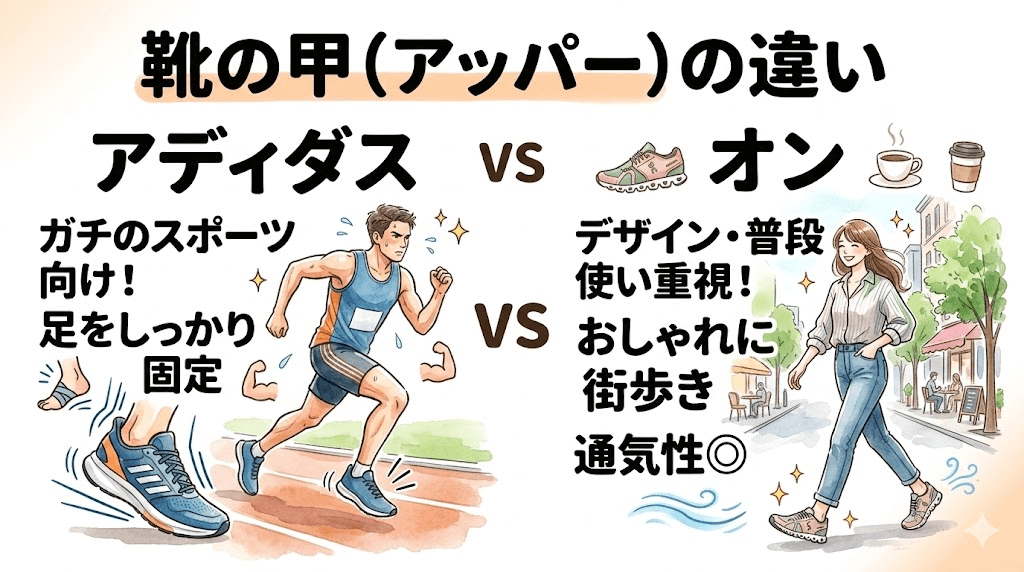 靴の甲:デザインと機能のバランスはアディダスのほうがスポーツ似合わせたつくり