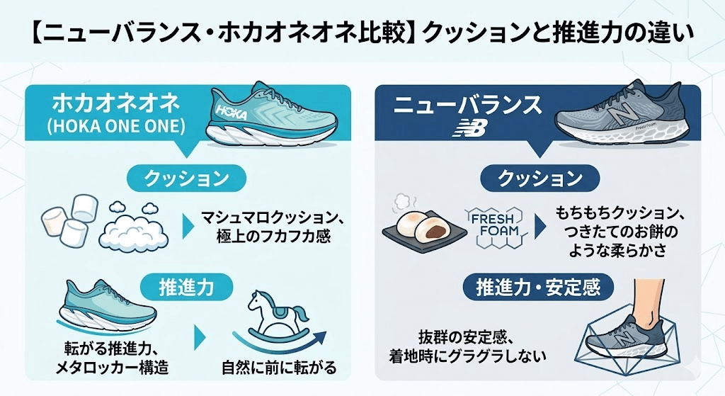 【ニューバランス・ホカオネオネ比較】最大の違いはクッションと推進力！