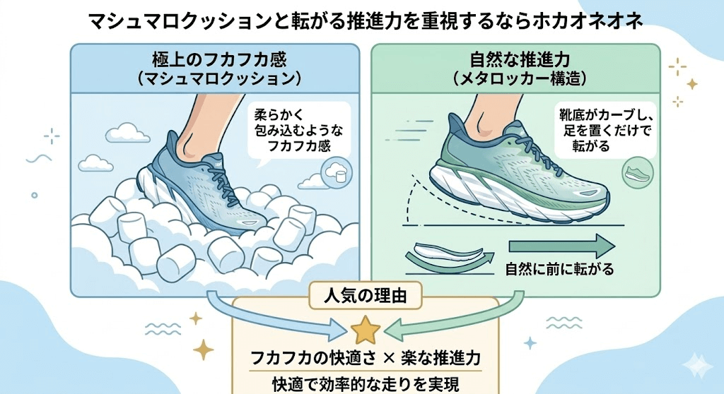 マシュマロクッションと転がる推進力を重視するならホカオネオネ