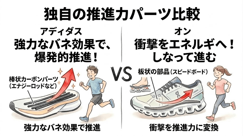 進む力：独自の棒状パーツ vs 板状パーツ