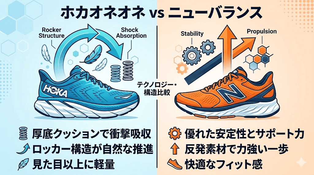 【テクノロジー比較】ホカオネオネとニューバランスのランニングシューズ構造の違い