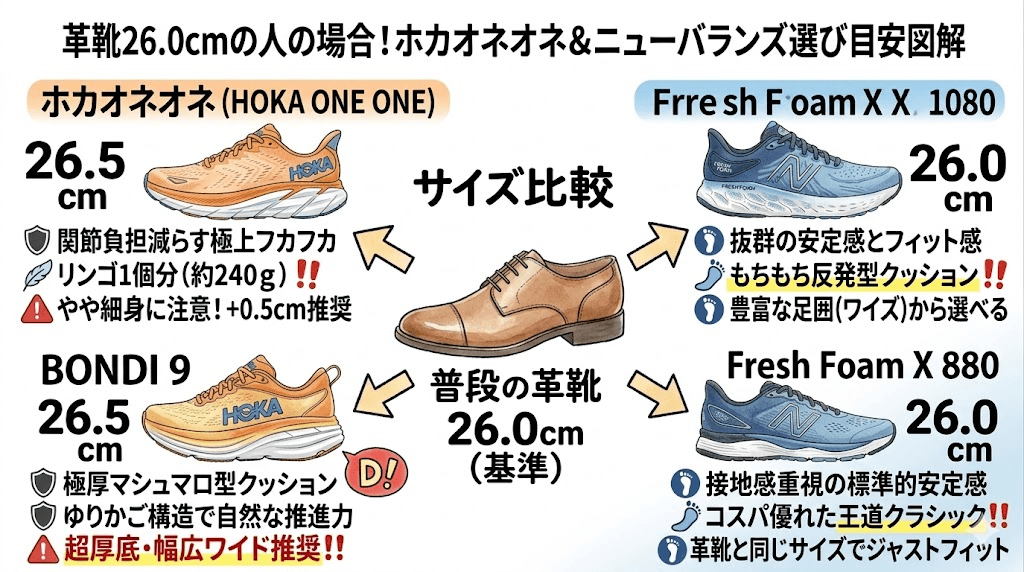 革靴26cmの場合！ホカオネオネとニューバランスランニングシューズの目安