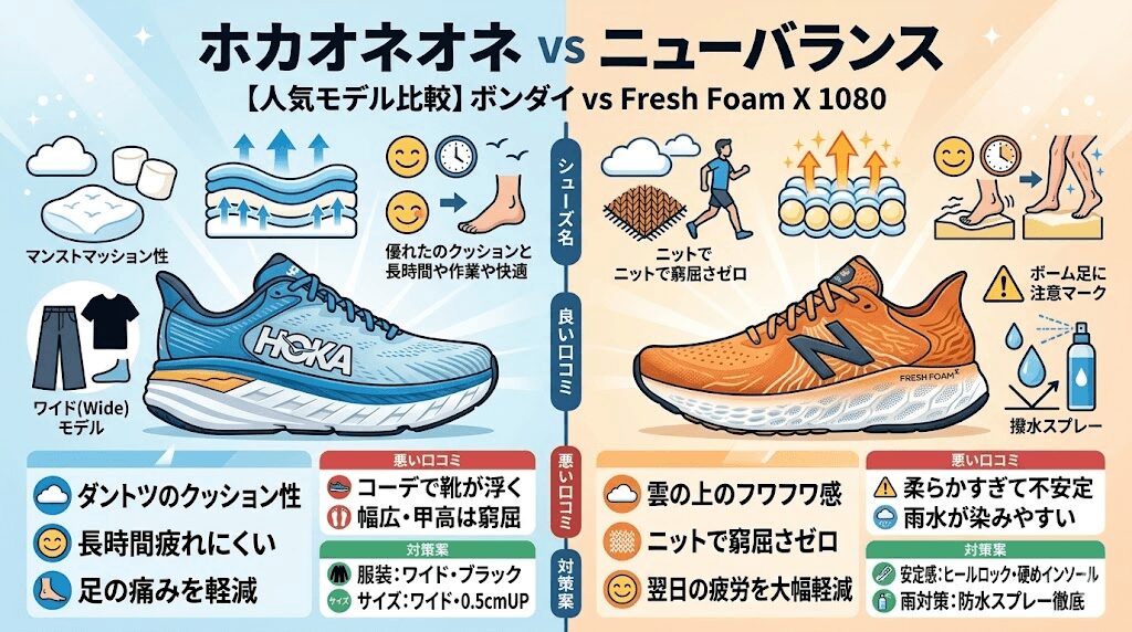 ホカオネオネのボンダイとニューバランスFresh Foam X 1080の口コミ