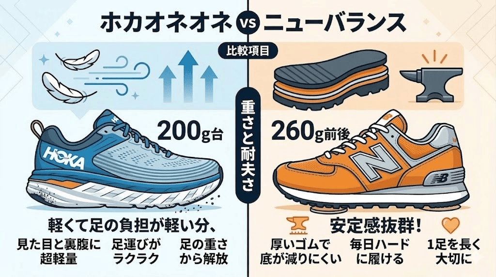 靴の重さと丈夫さ:ホカオネオネのほうが軽い