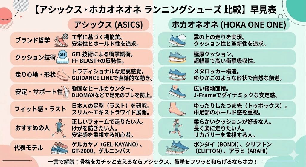 【アシックス ホカオネオネ ランニングシューズ 比較】早見表