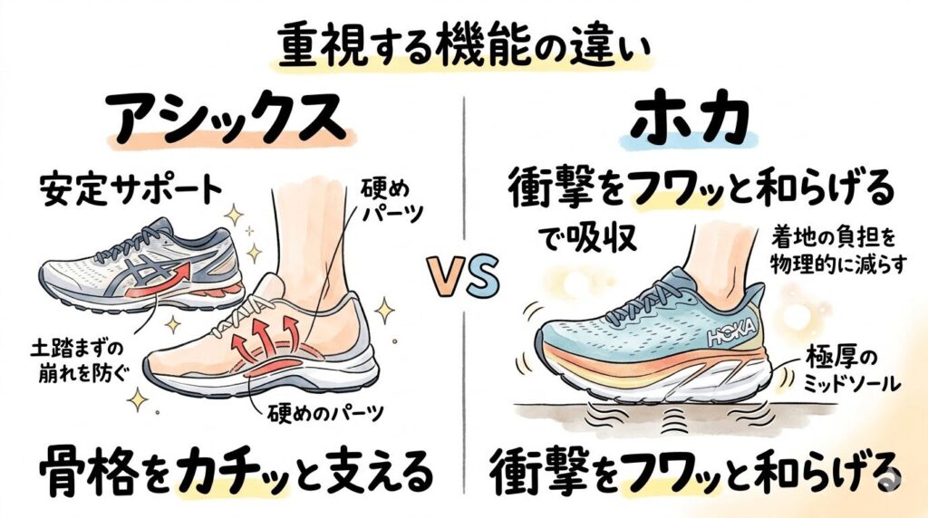 重視する機能の違い：骨格をカチッと支えるアシックス、衝撃をフワッと和らげるホカ