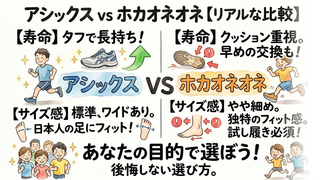 【寿命・サイズ感比較】アシックスvsホカオネオネのランニングシューズ知るべきリアル