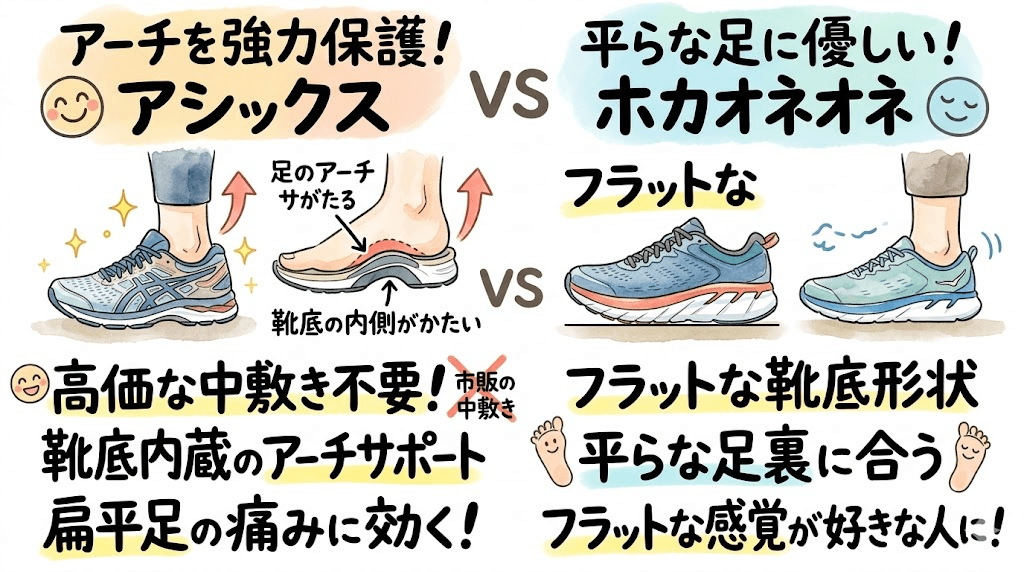 土踏まずの保持力：アシックスなら高価な中敷きなしでアーチを保護