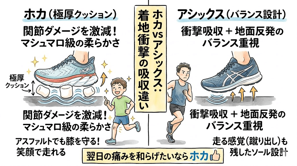 着地衝撃の吸収力：ホカの極厚クッションが膝へのダメージを軽減