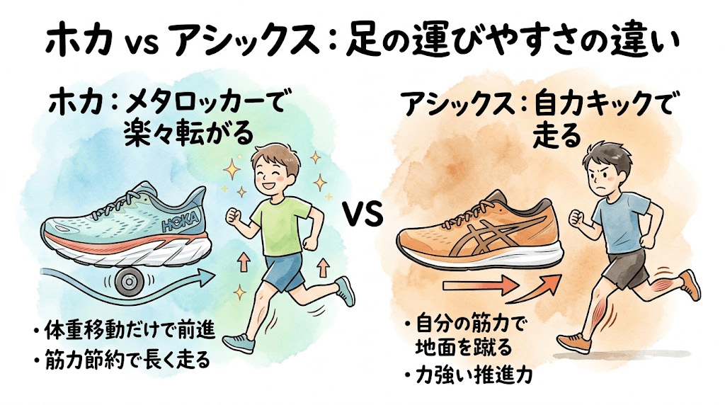 足の運びやすさ：ホカは独自のソール形状で自然な前進をサポート